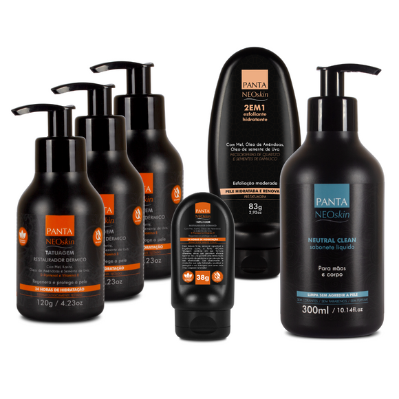KIT TATTOO PREMIUM - 3 Neoskin 120g + 1 Neoskin 38g + 1 Esfoliante 83g+ 1 Sab. Liq. Neutro 300ml + FRETE GRÁTIS(LP)